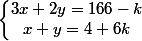 \left\lbrace\begin{matrix}3x + 2y = 166 - k \\ x + y = 4 + 6k \end{matrix}\right.